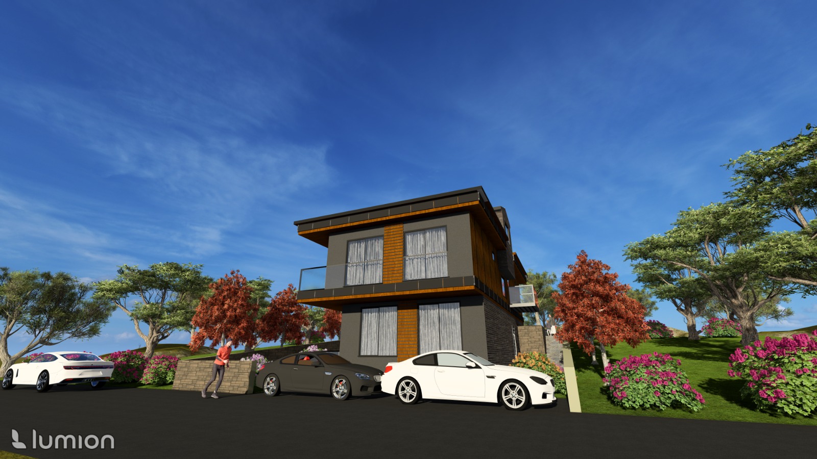 Peyzajlı modern villa projesi renderı